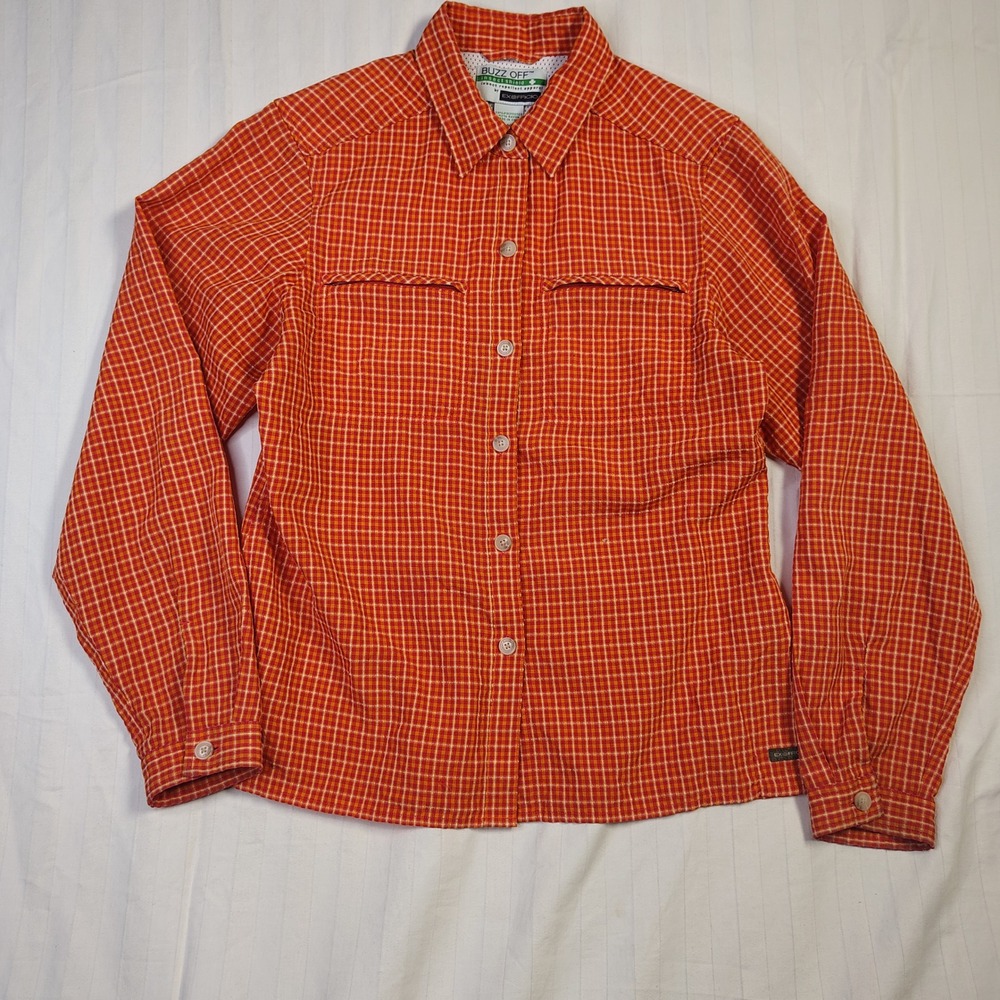 ExOfficio Button Up Shirt Women Medium Poppy Orange Plaid Buzz Off Insect Shield